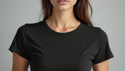 Fototapeta premium Female model in blank black t-shirt mockup. Round neck tee design template, lady. Casual wear for fashion, clothing store. Mockup for design, print, branding.