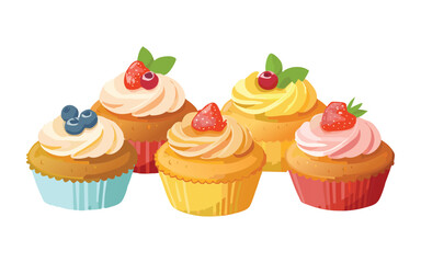 Cupcakes with Cream and Strawberry - Vector Illustration