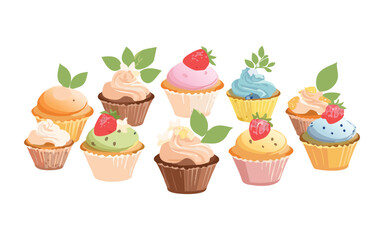 Set of Cupcakes with Topping - Vector Illustration