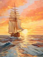 Fototapeta premium A majestic sailing ship glides across shimmering waters under a vibrant sunset, surrounded by colorful skies and gentle waves.