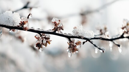 Icy branch with buds under snow, winter close-up