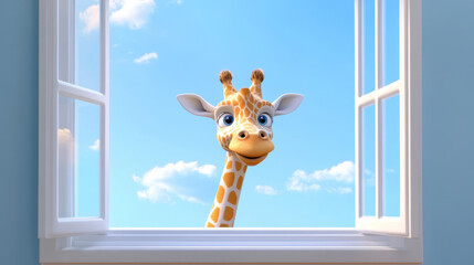 Playful cartoon giraffe peeking through an open window on a bright sunny day with blue sky and white clouds, cheerful animal illustration for children