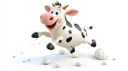 Naklejka premium Cute Animated Cartoon Cow Leaping Playfully Across White Background Dairy Farm Animal Illustration for Kids and Educational Content