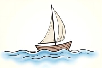 Simple Nautical Wave Sketch with Sailing Boat Silhouette