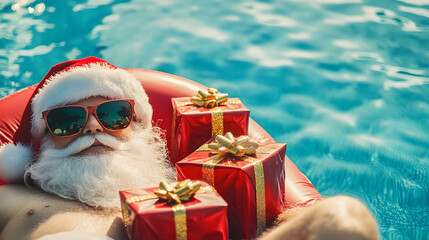 Merry Christmas holiday vacation winter greeting card concept, - Cool hipster Santa Claus with sunglasses and red gift boxes lying and relaxing on air mattress in swimming pool