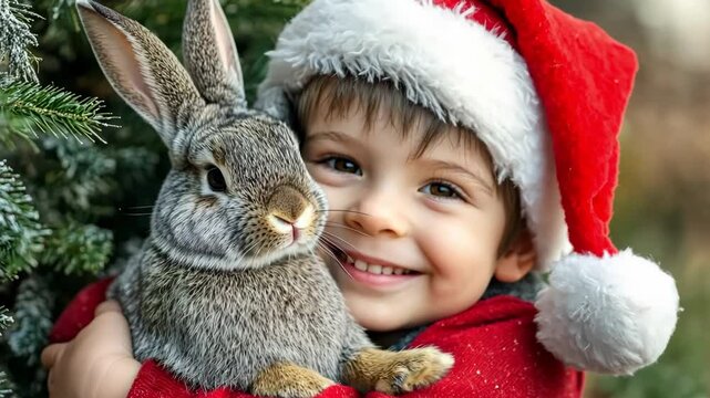 Happy little boy wearing a santa hat holding a rabbit near christmas tree with bokeh lights