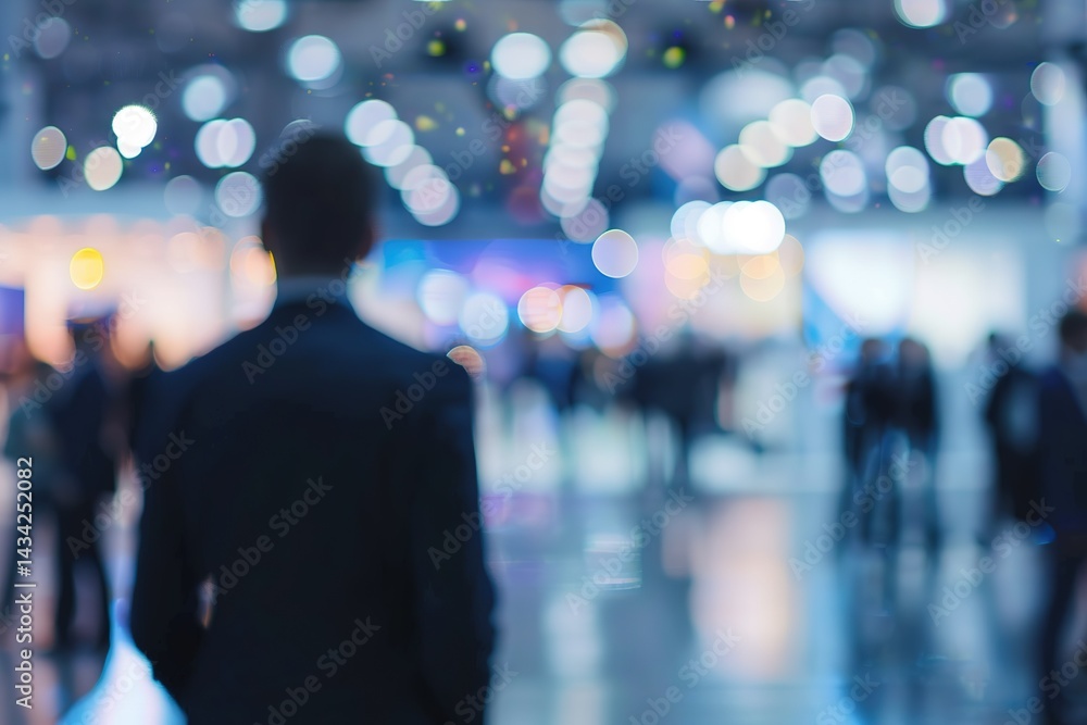 Aufkleber man at convention or event looking out at blurred crowd and display of lights
