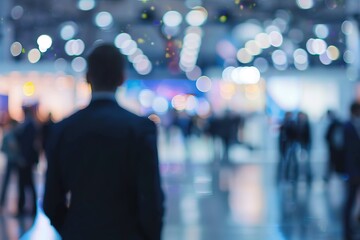 Man at convention or event looking out at blurred crowd and display of lights