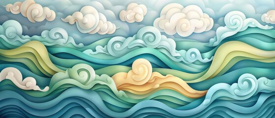 A serene, layered illustration of waves and clouds, showcasing gentle blues and greens, creating a calming oceanic scene.