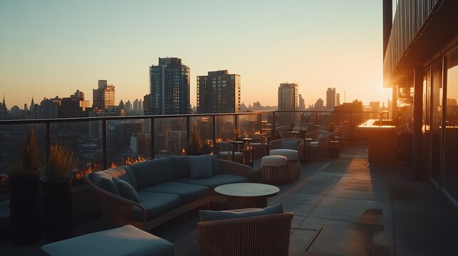 Fototapeta Urban rooftop patio at sunset, overlooking a city skyline.
