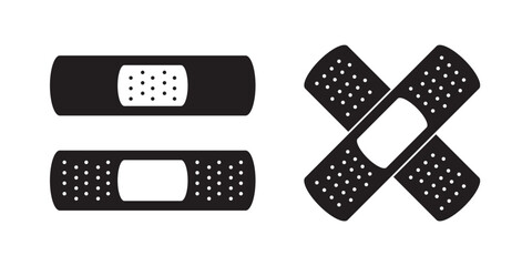 Black bandage, medical plaster icon. Adhesive tape and bandage symbol, set of pictogram on white background. Medicine or pharmacy monochrome sign for mobile app or web.