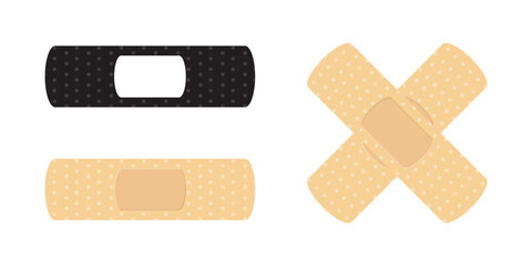 Colorful and black bandage, medical plaster icon. Adhesive tape and bandage symbol, pictogram on white background. Medicine or pharmacy sign for mobile app or web.