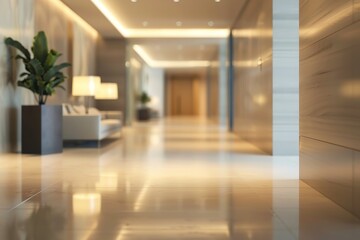 Obraz premium Elegant hotel hallway with marble floors and ambient lighting Luxurious and modern