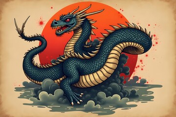 Obraz premium Fierce Komodo Dragon with Intense Gaze in Vintage Traditional Tattoo Design