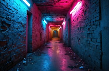 Neon illuminated alleyway ruins. Dark urban decay setting, surreal night scene. Abandoned brick walls, tunnel corridor with glowing neon lights. Mysterious vibes. Perfect for sci-fi, thriller, noir