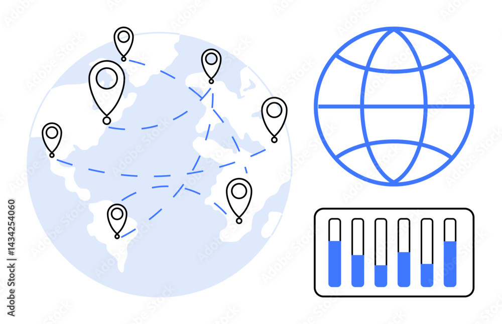 Aufkleber globe with location pins connected by dashed lines, grid-style globe, and bar chart graphic. ideal f