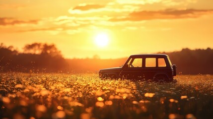 Fototapeta premium Sunset SUV in field
