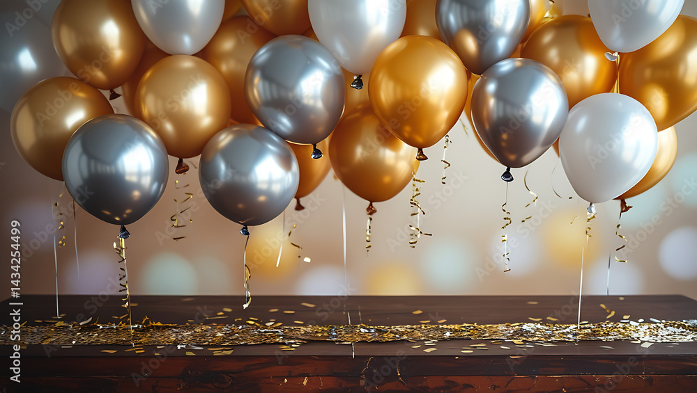Poster realistic party table with gold and silver balloons and subtle confetti on wooden surface with soft 