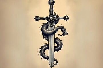 Broken sword with dragon wrapped around it, vintage tattoo look