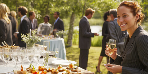 Woman enjoying champagne at outdoor corporate event with colleagues and refreshments, fostering networking and celebrations.
