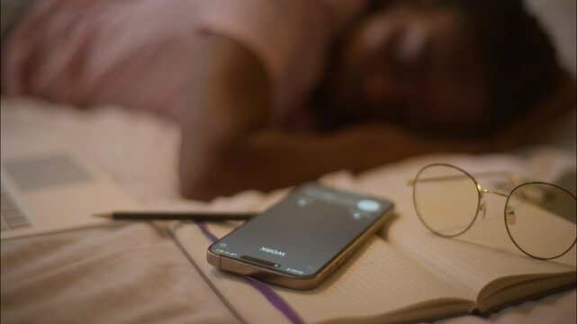 Tired sleeping African American woman female girl student businesswoman asleep napping nap sleep don't hear mobile phone calling receiving incoming miss call smartphone on book glasses at home bedroom