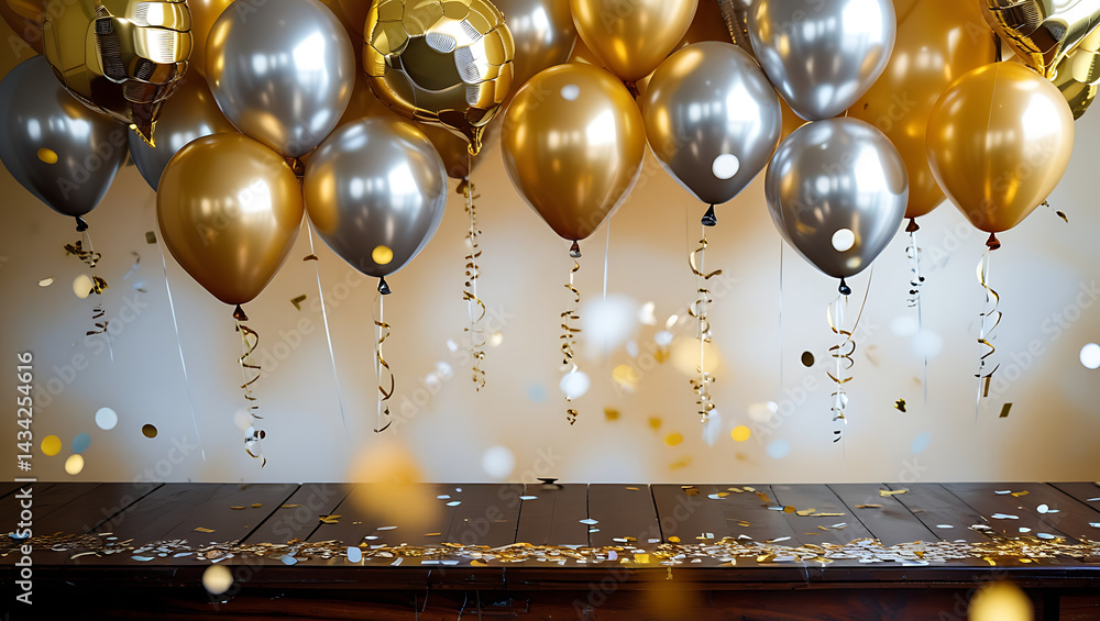Poster realistic party table with gold and silver balloons and subtle confetti on wooden surface with soft 