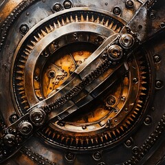 Intricate Gear Detail: Close-up of a detailed industrial gear, capturing the precision and artistry of engineering. The warm light accentuates the metal's

