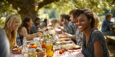 Friends gather for an outdoor meal, enjoying food and conversation in a sunny and relaxed setting with a red and white checkered tablecloth.