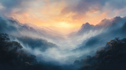 Tranquil sunrise over a dormant volcano, fog covering the valley below generative ai