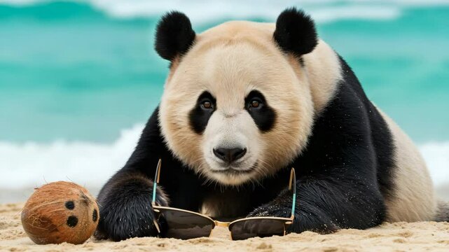 Laid-back panda bear with sunglasses and a coconut enjoying the beach with a chill mood