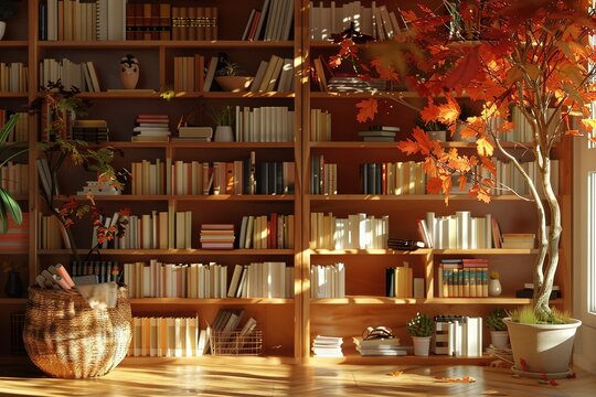 Cozy autumn reading room filled with books and a vibrant colorful tree