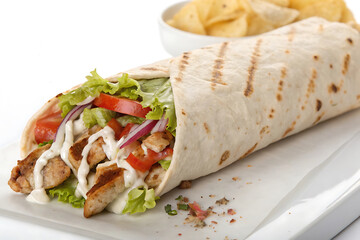 Delicious Shawarma Wrap on White Background – High-Res Middle Eastern Food Image.
