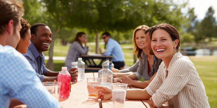 Friends gathered outdoors, enjoying a picnic with drinks, sharing laughter, and creating memories on a sunny day in a green space.