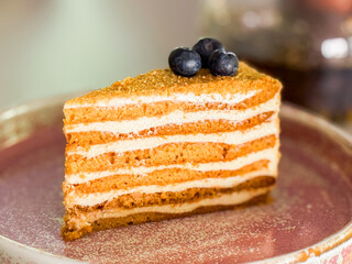 Closeup of layered honey cake with blueberries on ceramic plate. Dessert texture, taste sweet and bakery details