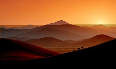 Obraz premium Kangaroos silhouette against fiery mountain sunset