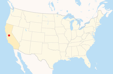 Location Map of the city Turlock in California, USA. The state is marked orange and the city is highlighted with a red dot. No labels at all.