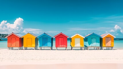 Vibrant beach huts line a pristine white sand shore on a sunny day.
