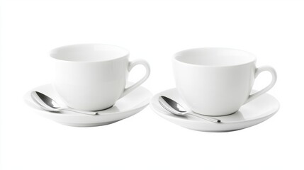 Obraz premium white coffee cups on saucers with silver spoons, generative ai
