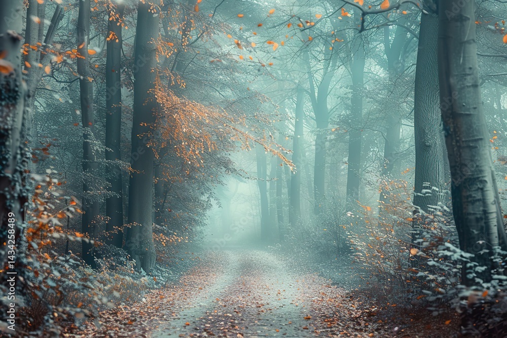 Poster foggy autumn forest path with scattered leaves and ethereal light filtering through trees