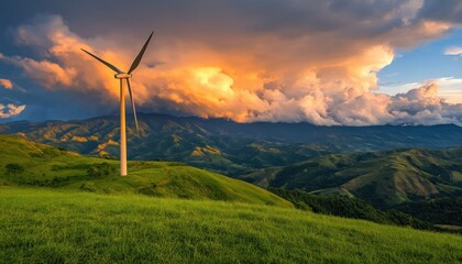 Wind turbine amidst dramatic clouds and lush green hills.