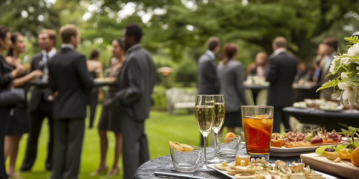 Outdoor corporate gathering with people in suits, drinks, and appetizers, set in a green garden, offering a networking opportunity.