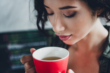 Young female programmer enjoying a relaxing moment with a cup of tea in an inspiring workspace...