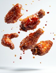 Five crispy, glazed chicken wings falling against a white background, with sauce splatters