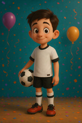 Ilustração de um menino com camisa branca de futebol. Uniforme de futebol. Segurando uma bola em um cenário festivo com balões e confetes coloridos.