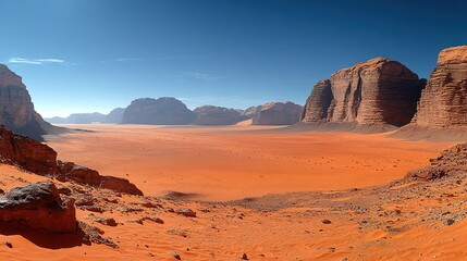 Fototapeta premium Vast Wadi Rum Desert Landscape with Towering Sandstone Formation