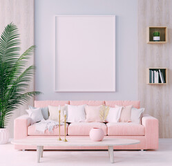 Contemporary Scandinavian living room with blush pink sofa, cozy cushions, minimalist decor, and natural indoor plants for a serene home aesthetic.
