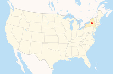 Location Map of the city Utica in New York, USA. The state is marked orange and the city is highlighted with a red dot. No labels at all.