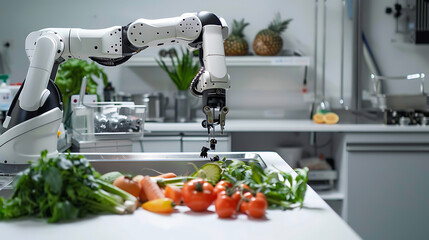 A robotic arm in a high tech lab, assembling parts for robots used in autonomous medical imaging systems, Med-tech style