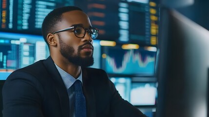 Focused Stock Trader: A concentrated, professional stock trader intently observes financial charts displayed on multiple monitors, with his eyes fixed on key data.