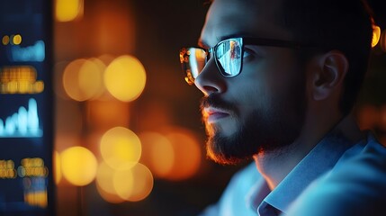 Focused Tech Expert at Work: A close-up shot of a focused expert deeply engrossed in his work. A modern setting is reflected in his glasses as he analyses data with dedication.
